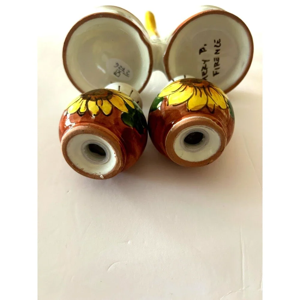 Sunflower Salt and Pepper Shakers with Caddy Signed Italian Pottery Stoppers